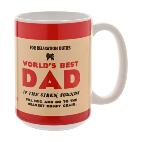 White stoneware mug with red bands and beige panel reading "World's Best Dad" in wartime notice style, white handle and rim, on a plain background.