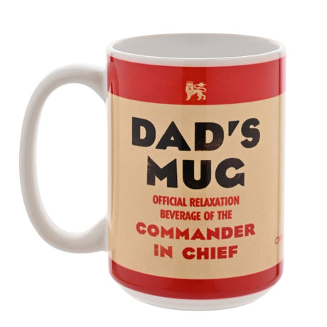 White stoneware "Dad's Mug" with red and beige wartime notice-style design, reading "Official Relaxation Beverage of the Commander in Chief" on a plain background.