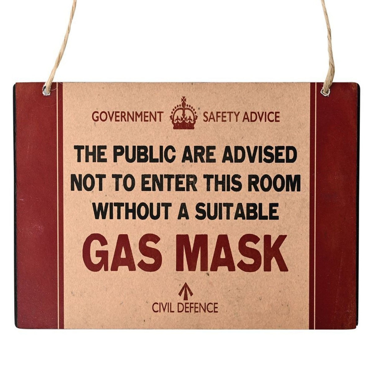 Metal wall plaque in beige and red with "Government Safety Advice", crown emblem, and bold "Gas Mask" text, hung on jute cord against a white background.