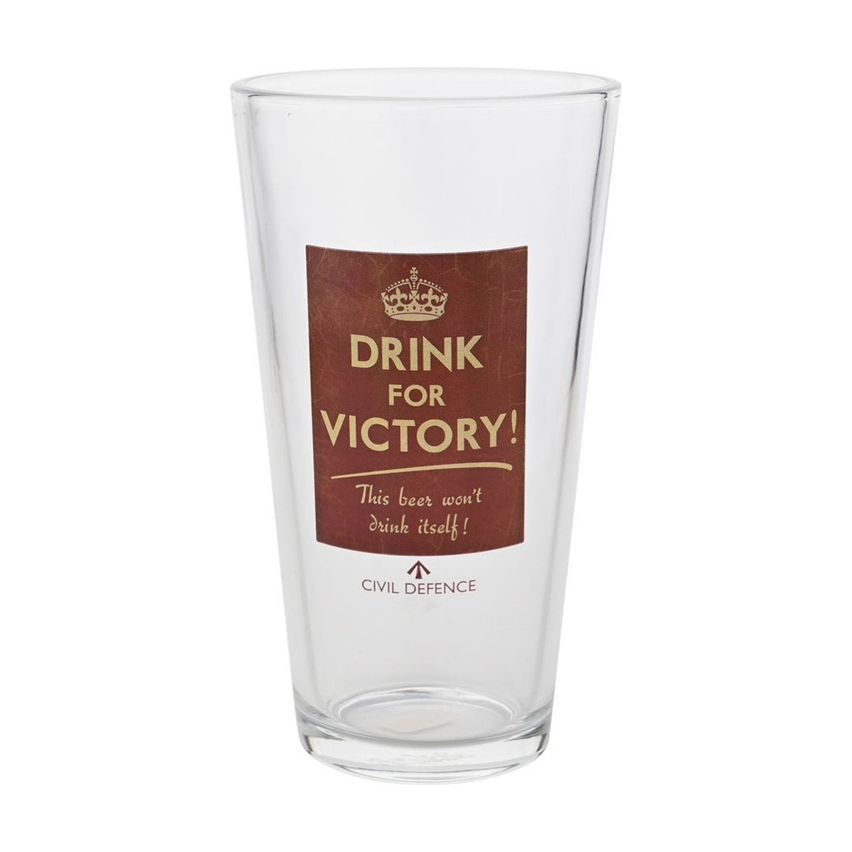 Clear pint beer glass with a maroon printed panel featuring a crown, "Drink for Victory!" in cream capitals, and "Civil Defence" text, shown on a plain white background.