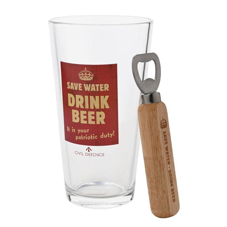 Civil Defence Pint Beer Glass with Bottle Opener Set - Clear