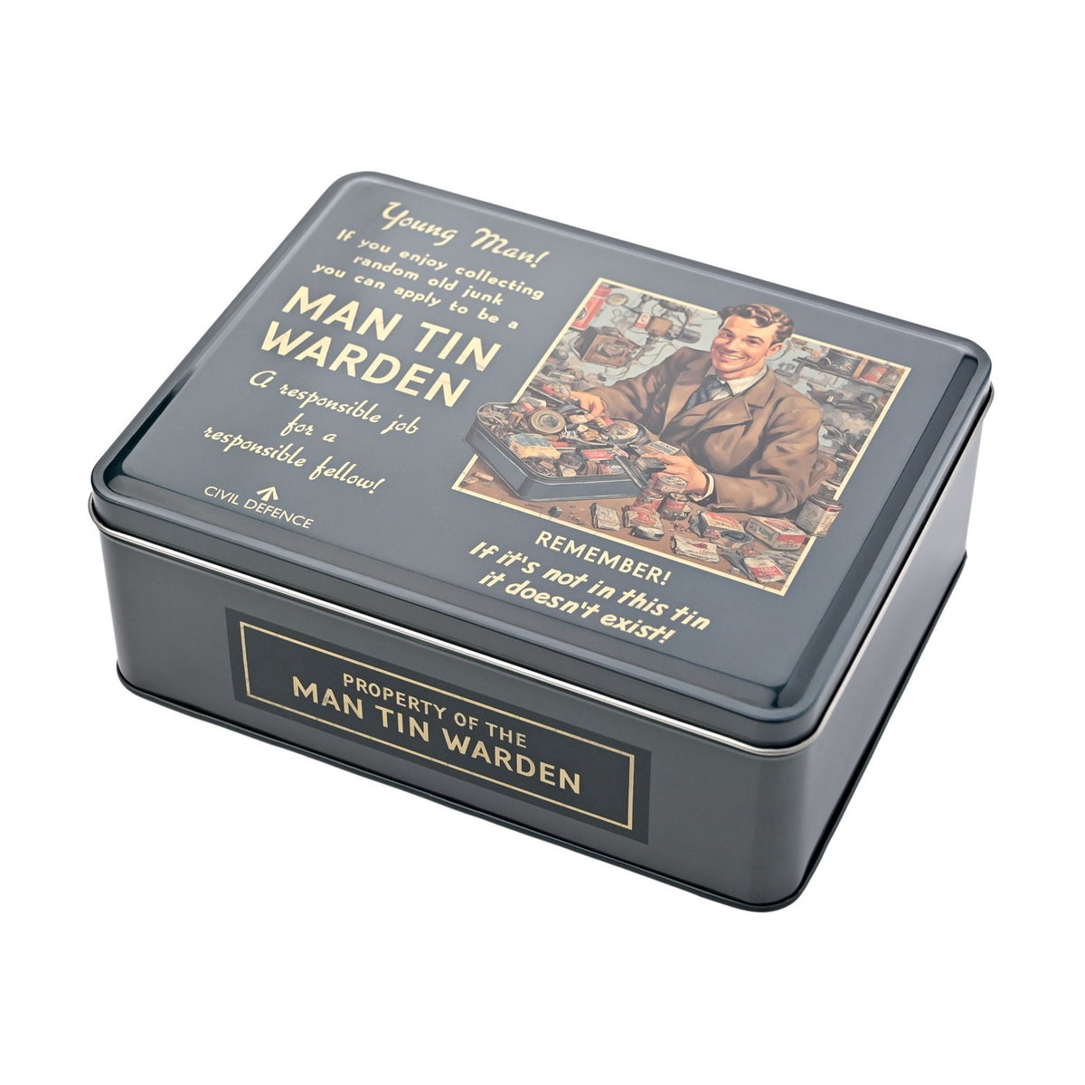 Rectangular lidded metal storage box in dark green with gold "Man Tin Warden" civil defence style text and illustration of a man sorting trinkets, shown on a plain white background.