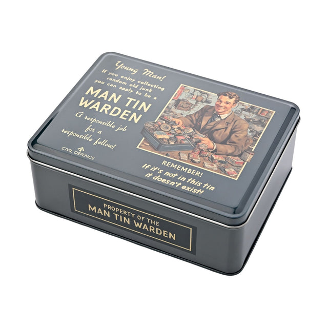 Rectangular lidded metal storage box in dark green with gold "Man Tin Warden" civil defence style text and illustration of a man sorting trinkets, shown on a plain white background.