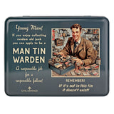 Green lidded metal storage box featuring a retro "Man Tin Warden" Civil Defence slogan and an illustration of a man sorting odds and ends into a tin.