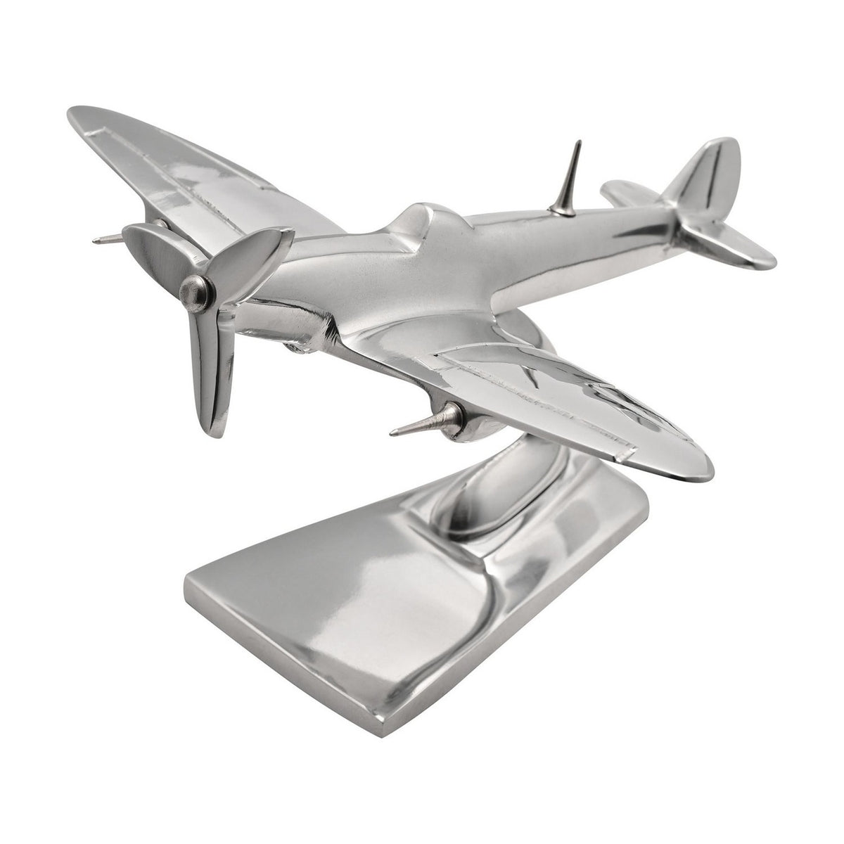 Silver metal Spitfire model ornament, 15.5cm, with elliptical wings, three-bladed propeller, and cockpit canopy, mounted on a curved stand against a white background.