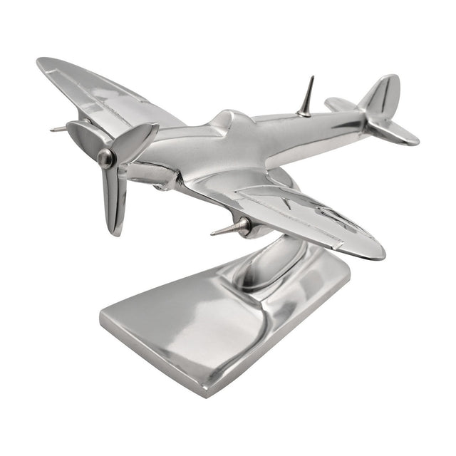Silver metal Spitfire model ornament, 15.5cm, with elliptical wings, three-bladed propeller, and cockpit canopy, mounted on a curved stand against a white background.