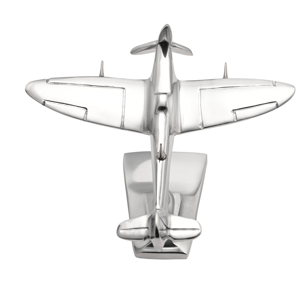 Silver metal Spitfire model ornament, 15.5cm, shown top-down on its curved stand with elliptical wings, propeller nose, and cockpit canopy visible, against a plain white background.