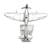 Silver metal Spitfire model ornament, 15.5cm, shown top-down on its curved stand with elliptical wings, propeller nose, and cockpit canopy visible, against a plain white background.
