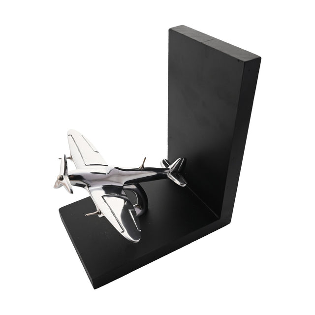 Black L-shaped bookend with a shiny silver metal Spitfire aircraft model, featuring rounded wings, propeller and tail fin, on a plain white background.