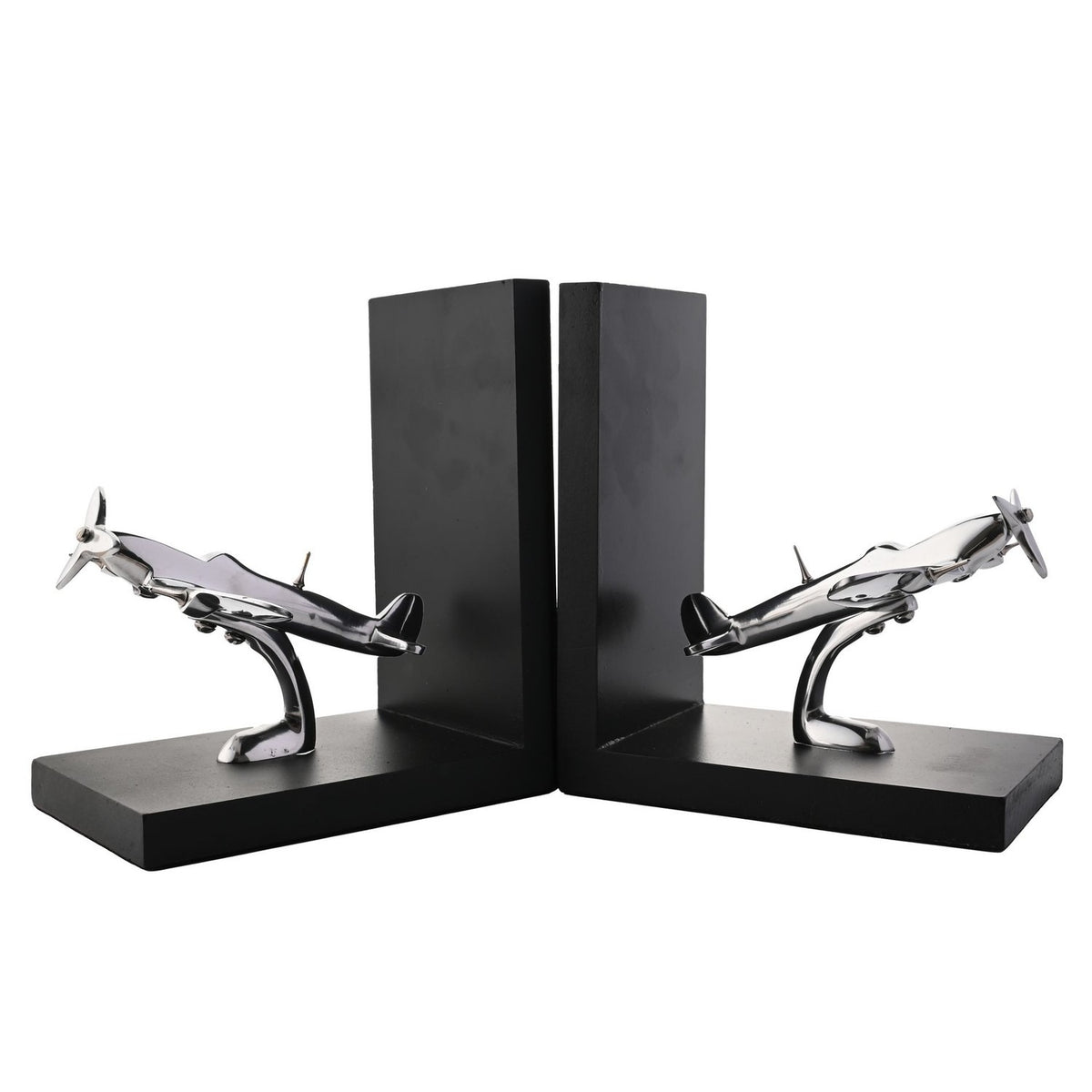 Pair of black L-shaped bookends with shiny silver metal Spitfire aircraft models mounted on curved stands, set against a plain white background.