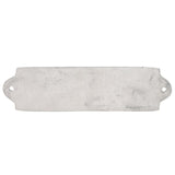 Blank silver metal wall plaque, rectangular with scalloped ends and two fixing holes, shown reverse side on a plain white background.