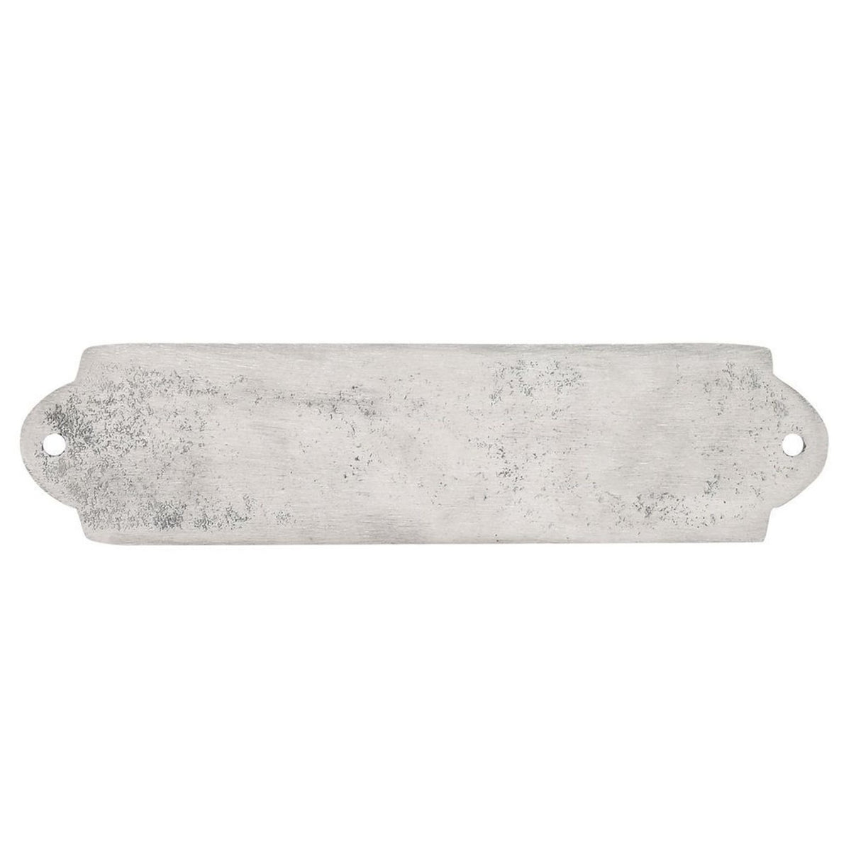Rectangular silver metal wall plaque with distressed finish and rounded mounting tabs with fixing holes at each end, shown on a plain white background.