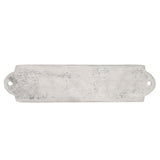 Rectangular silver metal wall plaque with distressed finish and rounded mounting tabs with fixing holes at each end, shown on a plain white background.