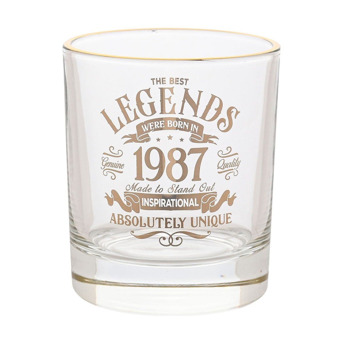 1987 Legend Glass Tumbler with Gold Rim and Print - Clear