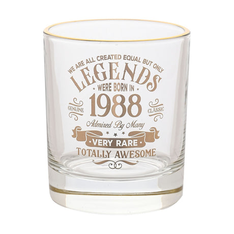Clear glass tumbler with a gold rim and gold "Legends 1988" print reading "Very Rare, Totally Awesome", shown on a plain white background.