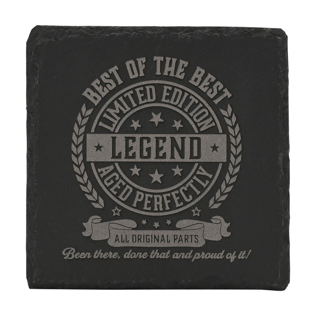 Square black slate coaster engraved with a laurel wreath and stars badge reading "Best of the Best, Legend, Aged Perfectly, All Original Parts," on a plain white background.