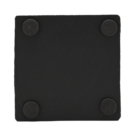 Square black slate coaster with four round black rubber feet on the underside, shown on a plain white background.