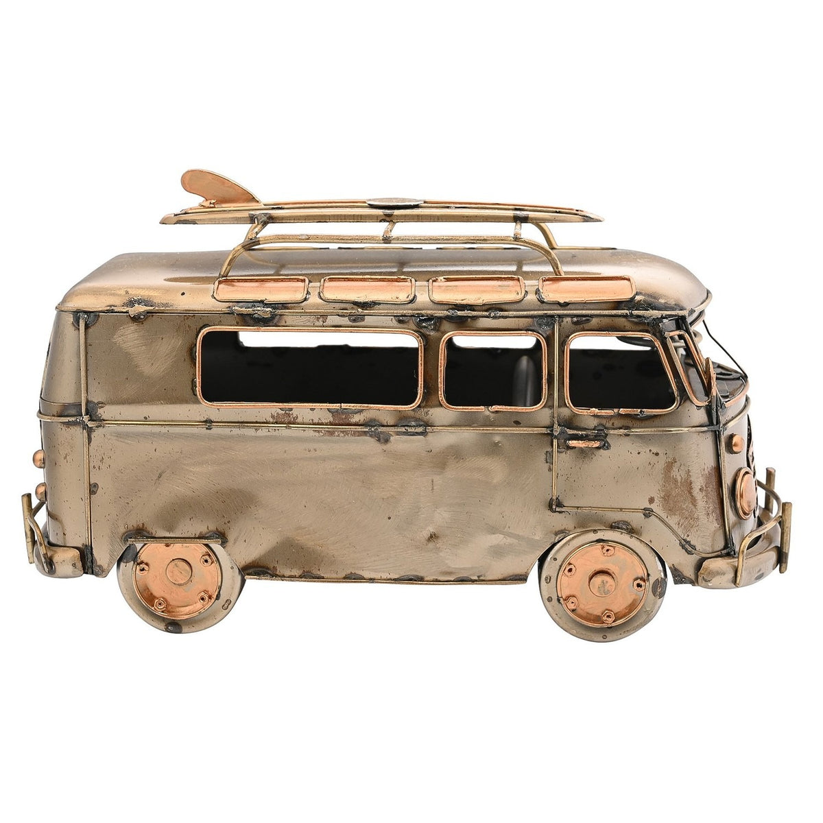 Weathered Campervan Metal Figurine with Surfboard in bronze metallic finish, side view showing roof rack, copper-edged window frames, round headlamps and wheels on a plain white background.