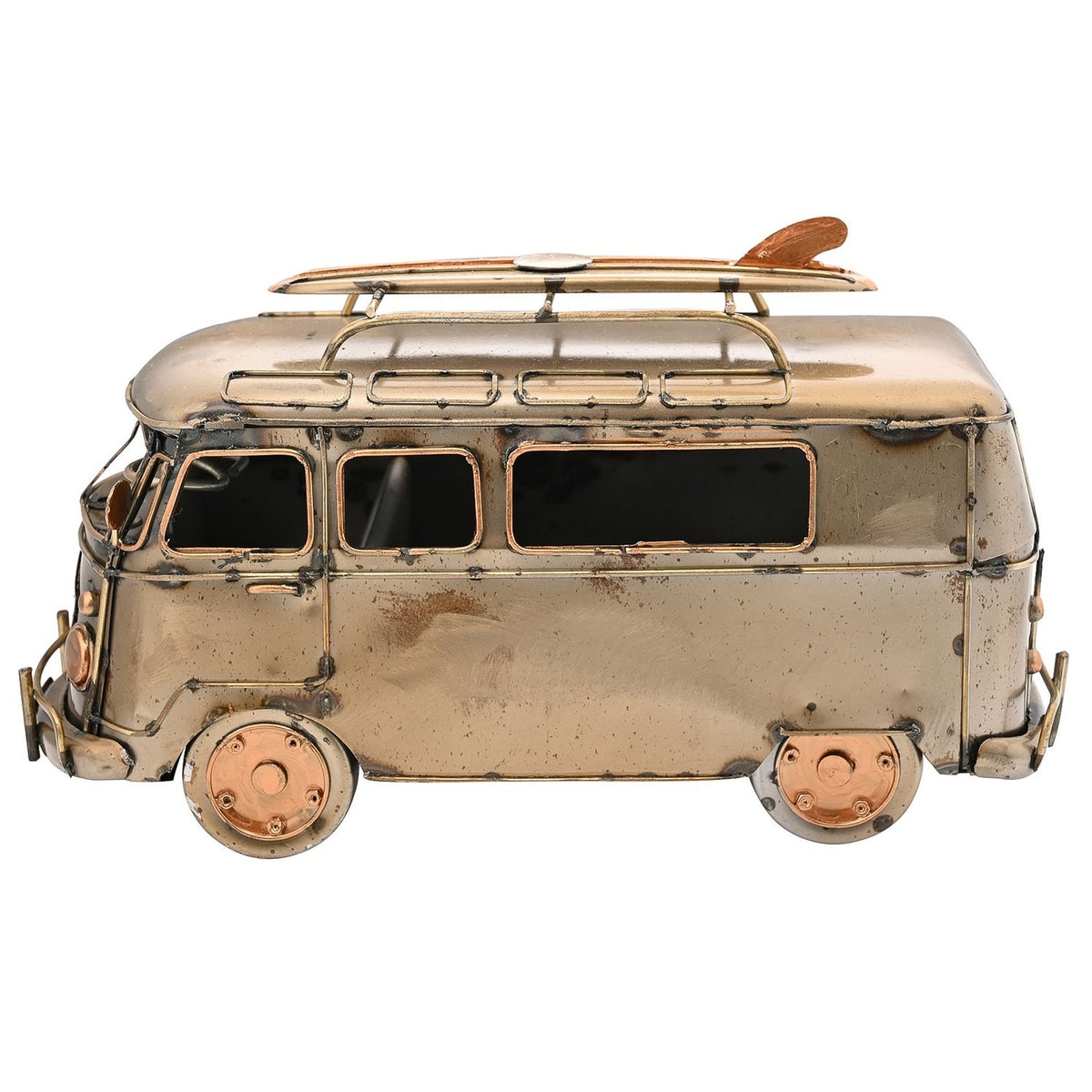 Weathered campervan metal figurine in bronze finish with roof rack surfboard, copper-edged windows, round headlamps and visible steering wheel, shown against a plain white background.