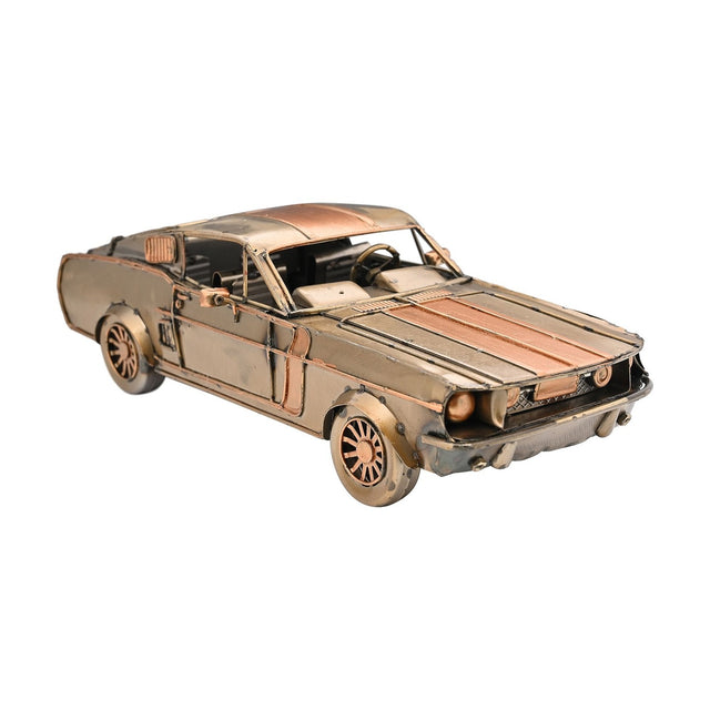 Striped Fastback Racing Car metal ornament figurine in bronze with copper-toned stripes, spoked wheels and distressed finish, shown against a plain white background.