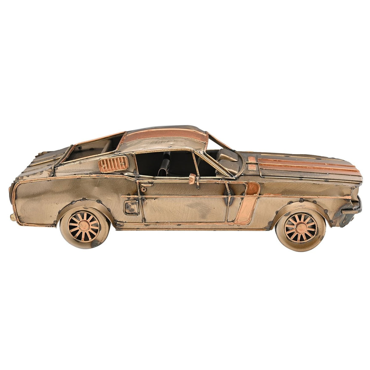 Striped Fastback Racing Car metal ornament figurine in bronze, side view showing copper-toned stripes, spoked wheels and a weathered finish on a plain white background.