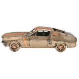 Striped Fastback Racing Car Metal Ornament Figurine in bronze, side view showing copper-toned stripes, spoked wheels and weathered distressed finish on a plain white background.