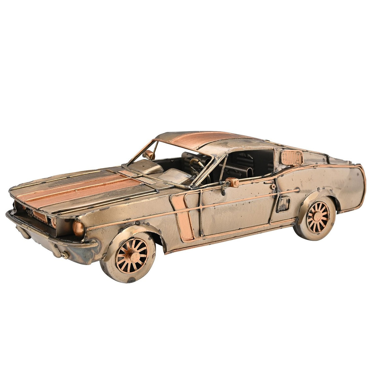 Striped fastback racing car figurine in bronze metal with copper-toned stripes, spoked wheels, and a weathered distressed finish, shown on a plain white background.