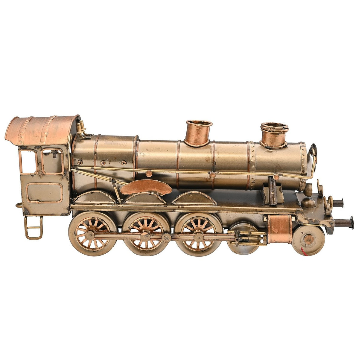 Steam train metal ornament figurine in antique bronze with copper-toned trim, featuring a riveted boiler, twin stacks, side handrails, and spoked wheels, shown on a plain white background.