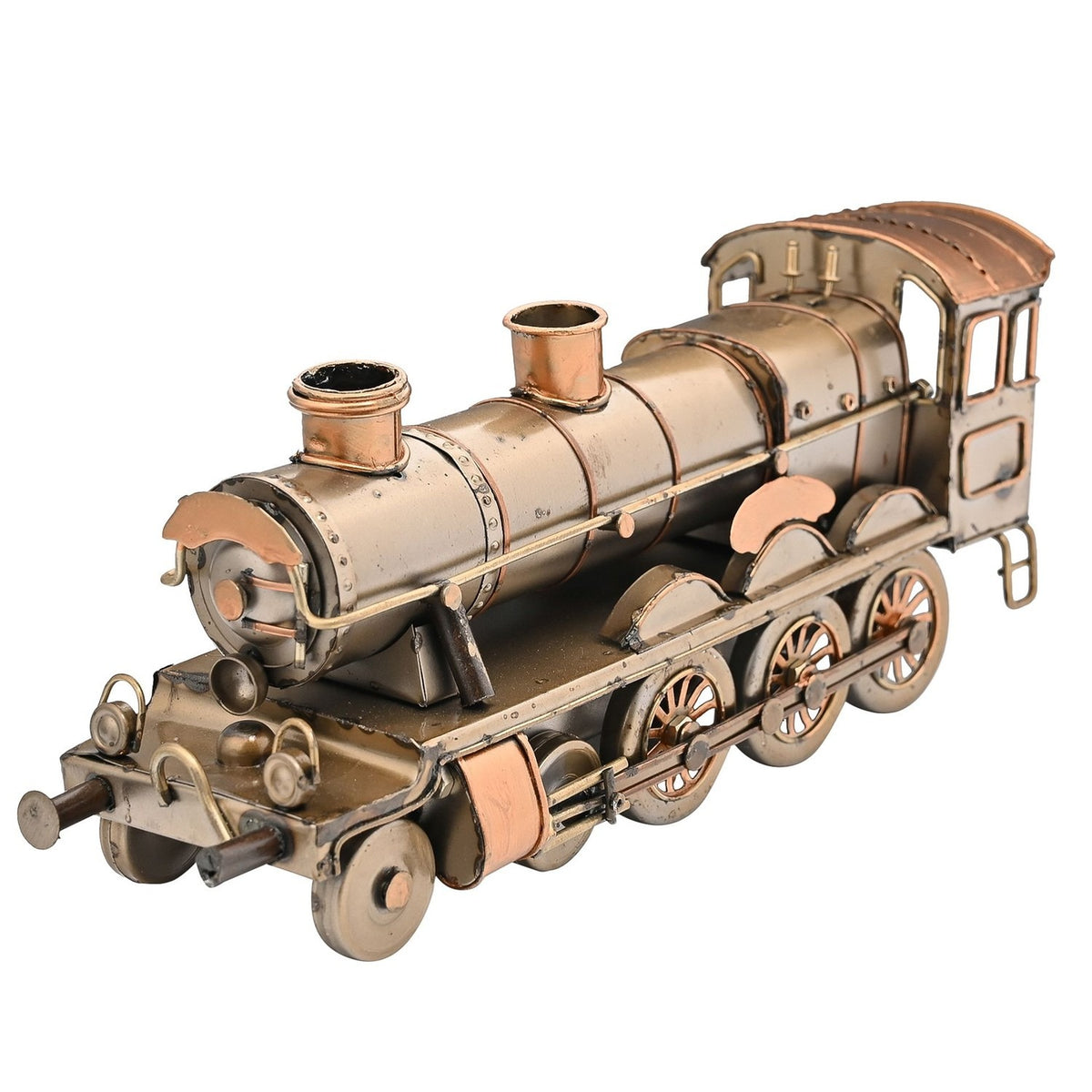 Steam Train Metal Ornament Figurine with Copper Trim in antique bronze, showing riveted boiler, twin copper-toned stacks, spoked wheels and cab with curved roof on a plain white background.