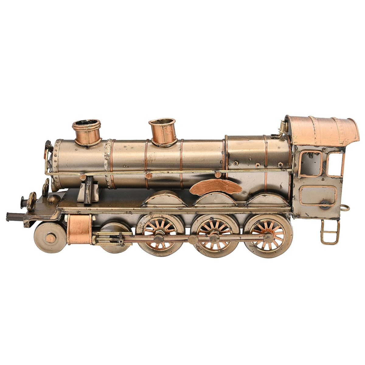 Steam Train Metal Ornament Figurine with Copper Trim in antique bronze, showing riveted boiler, twin stacks, spoked wheels and cab detail against a plain white background.