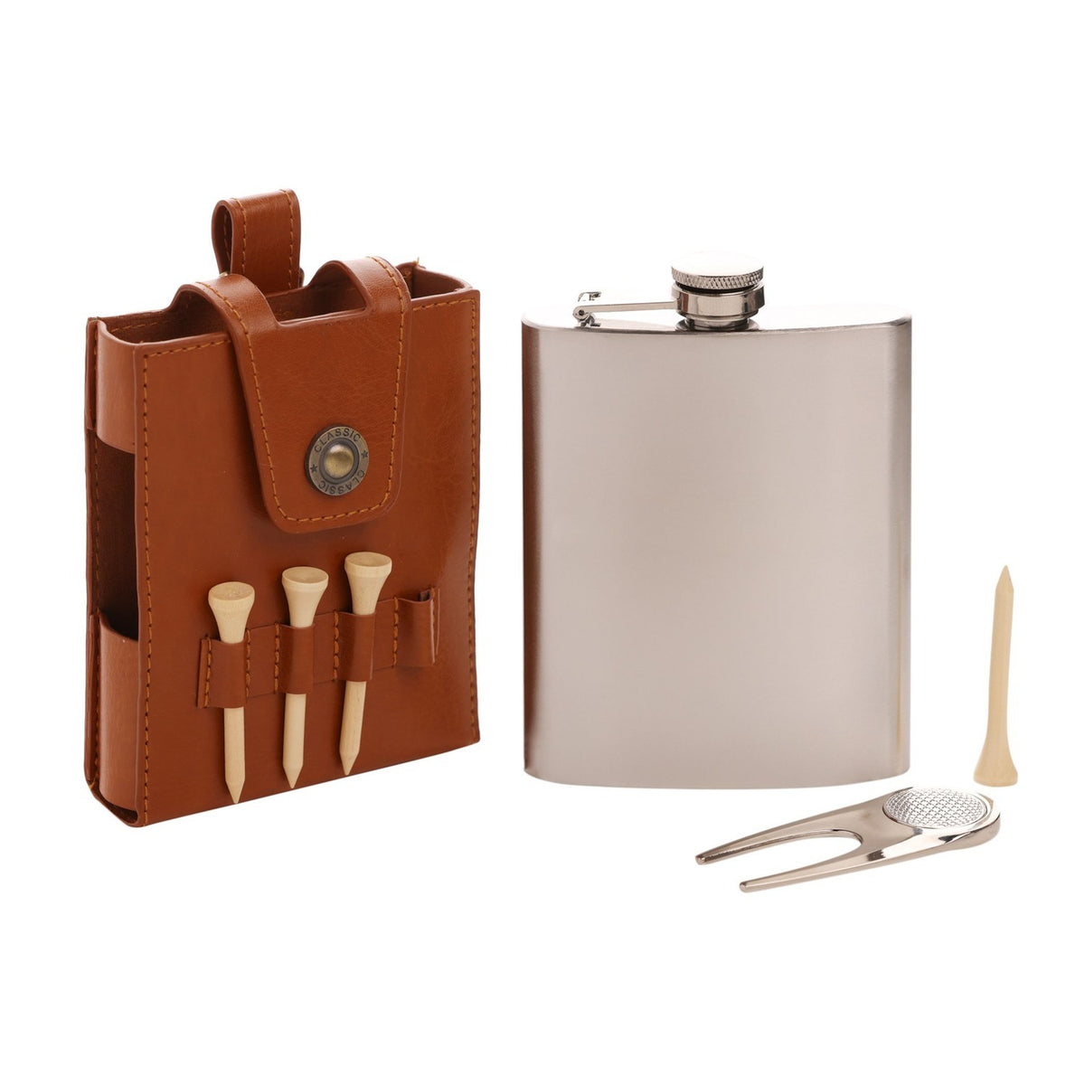 Golfers gift set with a brushed silver iron hip flask, tan leather carry case holding three wooden tees, a metal divot tool, and a spare tee, shown on a white background.