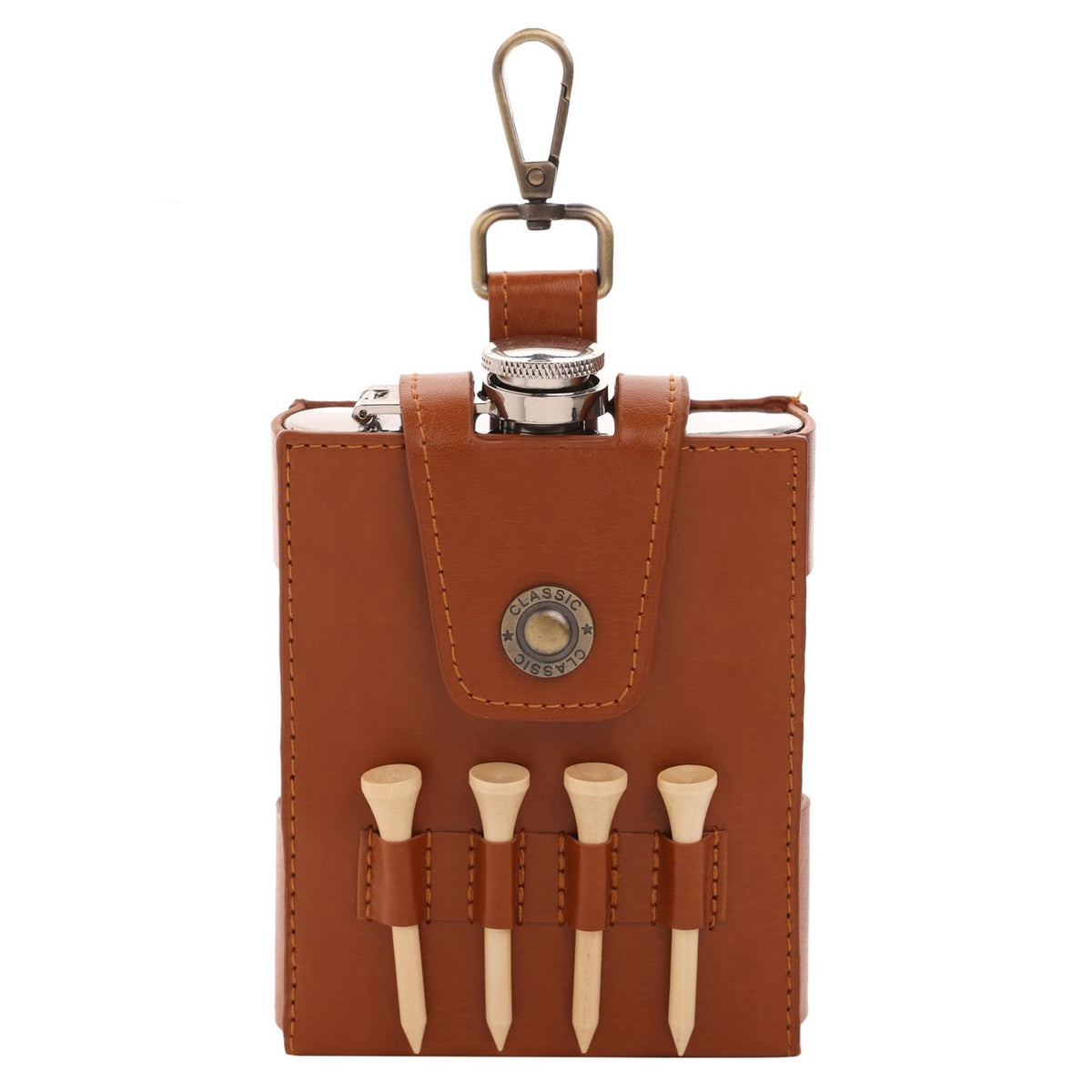 Golfers Gift Set hip flask in brown leather case with silver screw-cap flask, bronze clip, and four wooden tees in loops, shown on a white background.