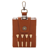 Golfers Gift Set hip flask in brown leather case with silver screw-cap flask, bronze clip, and four wooden tees in loops, shown on a white background.