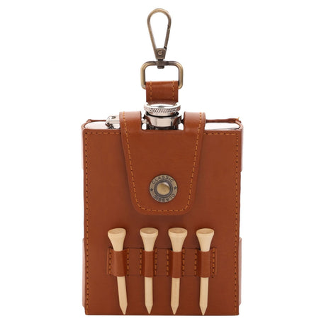 Golfers Gift Set hip flask in brown leather case with silver screw-cap flask, bronze clip, and four wooden tees in loops, shown on a white background.