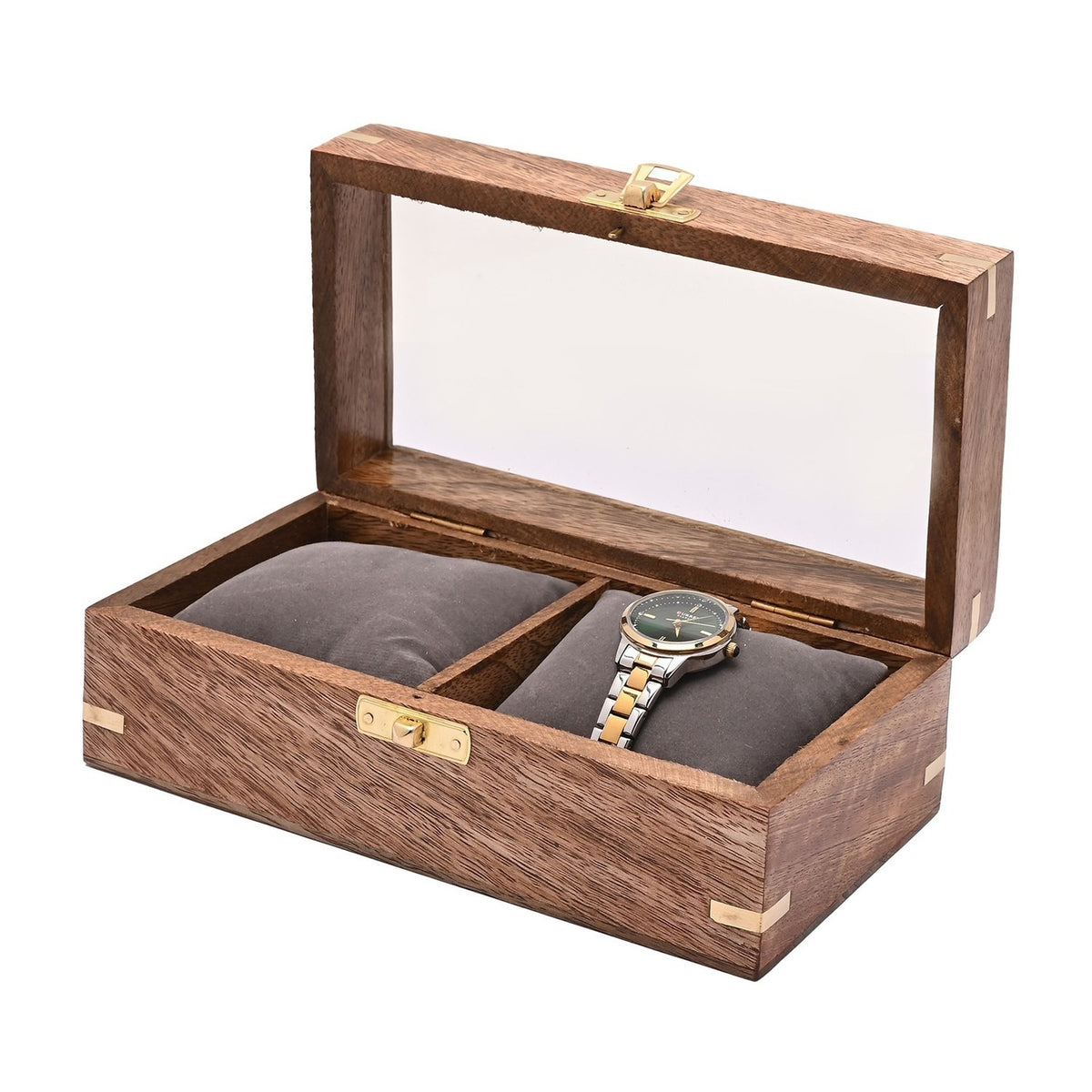 Wooden watch duo trinket box with glass window lid, open to show two grey cushions divided by a wood panel, brown finish with gold-tone corner accents and clasp, on a white background.