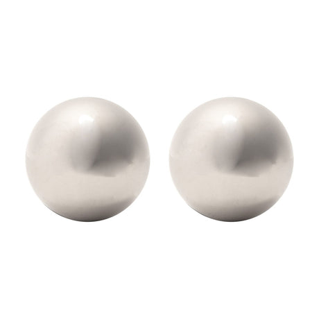 Two large round metal whisky stones in polished silver, smooth spherical chilling balls shown on a plain white background.