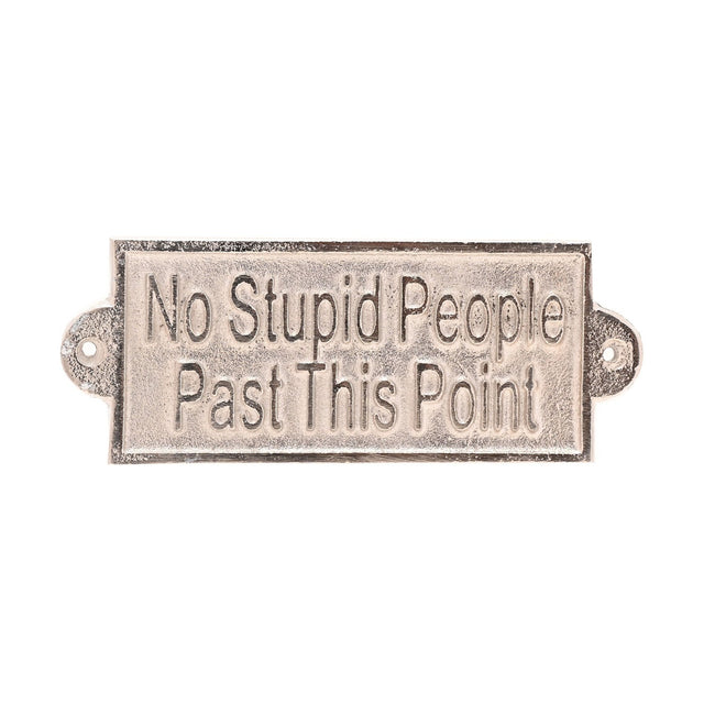 Rectangular silver metal sign plaque with raised lettering reading "No Stupid People Past This Point," slim border and rounded fixing ears, shown on a plain white background.