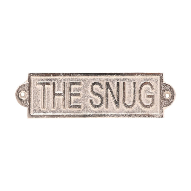 Rectangular silver metal wall plaque reading "THE SNUG" in raised capital letters with a raised border and a fixing hole in each rounded end tab, shown on a plain white background.