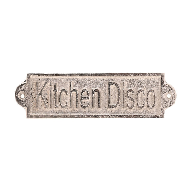 Rectangular silver metal wall plaque reading "Kitchen Disco" in raised lettering with a bordered edge and rounded fixing tabs at each end, shown on a plain white background.