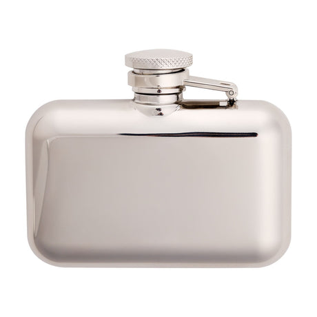 Classic Luxury Rectangular Pocket Iron Hip Flask in Silver, mirror-polished finish with rounded corners and a hinged screw cap, shown on a plain white background.