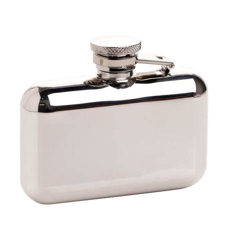 Rectangular pocket hip flask in polished silver iron and steel with rounded corners and a hinged screw cap, shown on a plain white background.