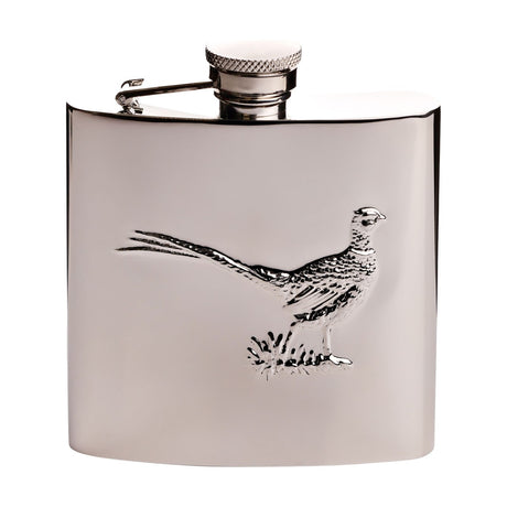 Silver hip flask with embossed pheasant design, polished iron and steel body, rounded rectangular shape, screw cap with hinged collar, shown on a plain white background.