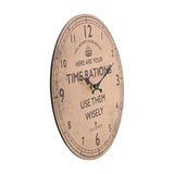 Round wall clock, 30cm, with a crackled brown face reading "Here Are Your Time Rations, Use Them Wisely" beneath a crown emblem, black numerals and hands, shown at an angle on a white background.