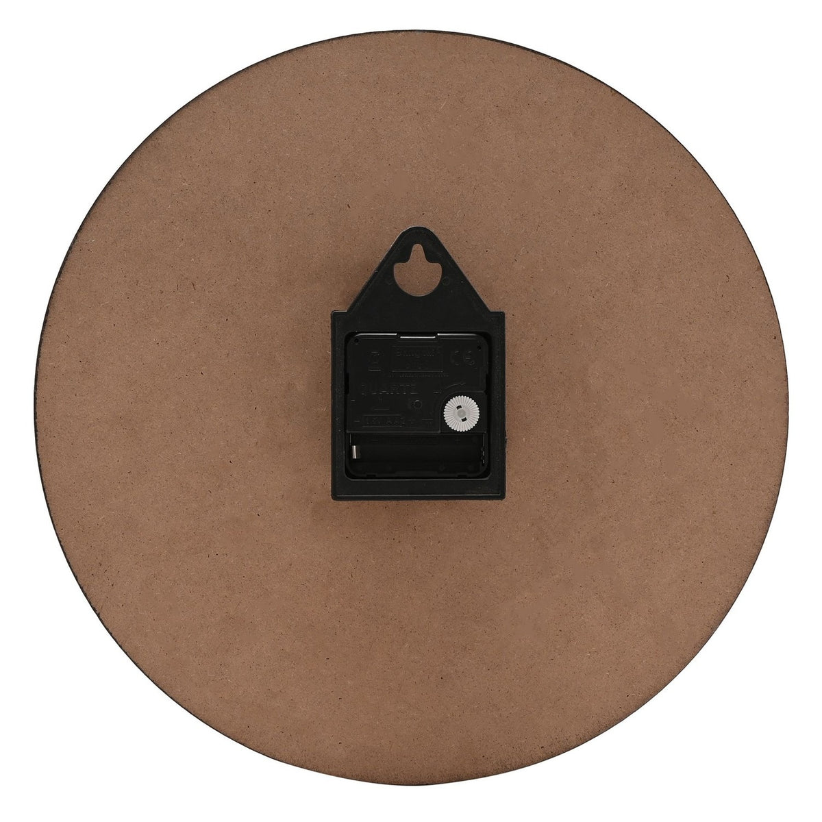 Rear view of the Civil Defence Time Rations round wall clock in brown, showing the black quartz movement, hanging bracket, and blank MDF backing.