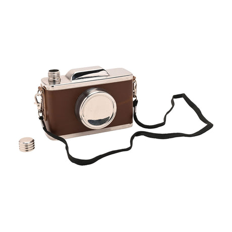 Classic Camera Iron Hip Flask 11oz in brown with shiny silver top, lens, and base, shown with its screw cap and black carry strap on a white background.