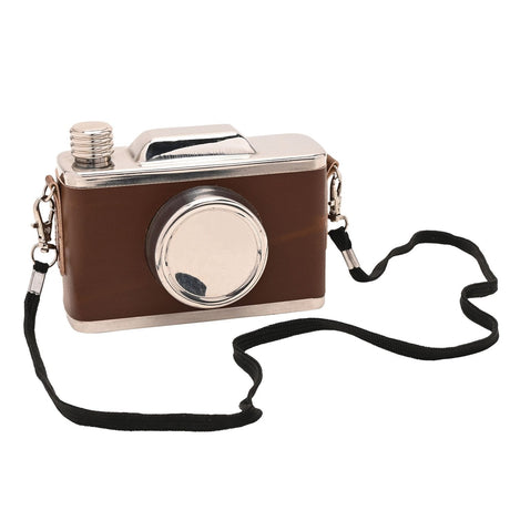 Classic Camera Iron Hip Flask, 11oz, with brown wrap body, silver lens-style cap, screw neck, and black carry strap, shown on a plain white background.