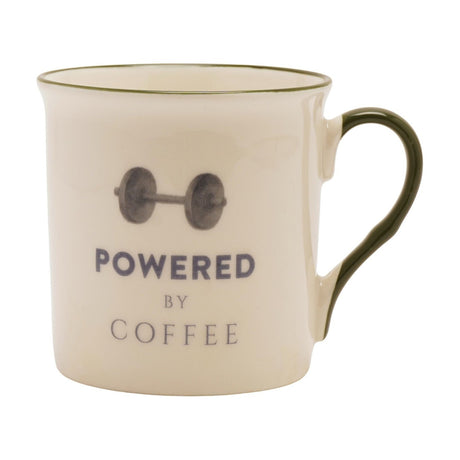 Cream porcelain mug with a dark green rim and handle, featuring a grey dumbbell graphic and "Powered by Coffee" text, shown on a plain white background.