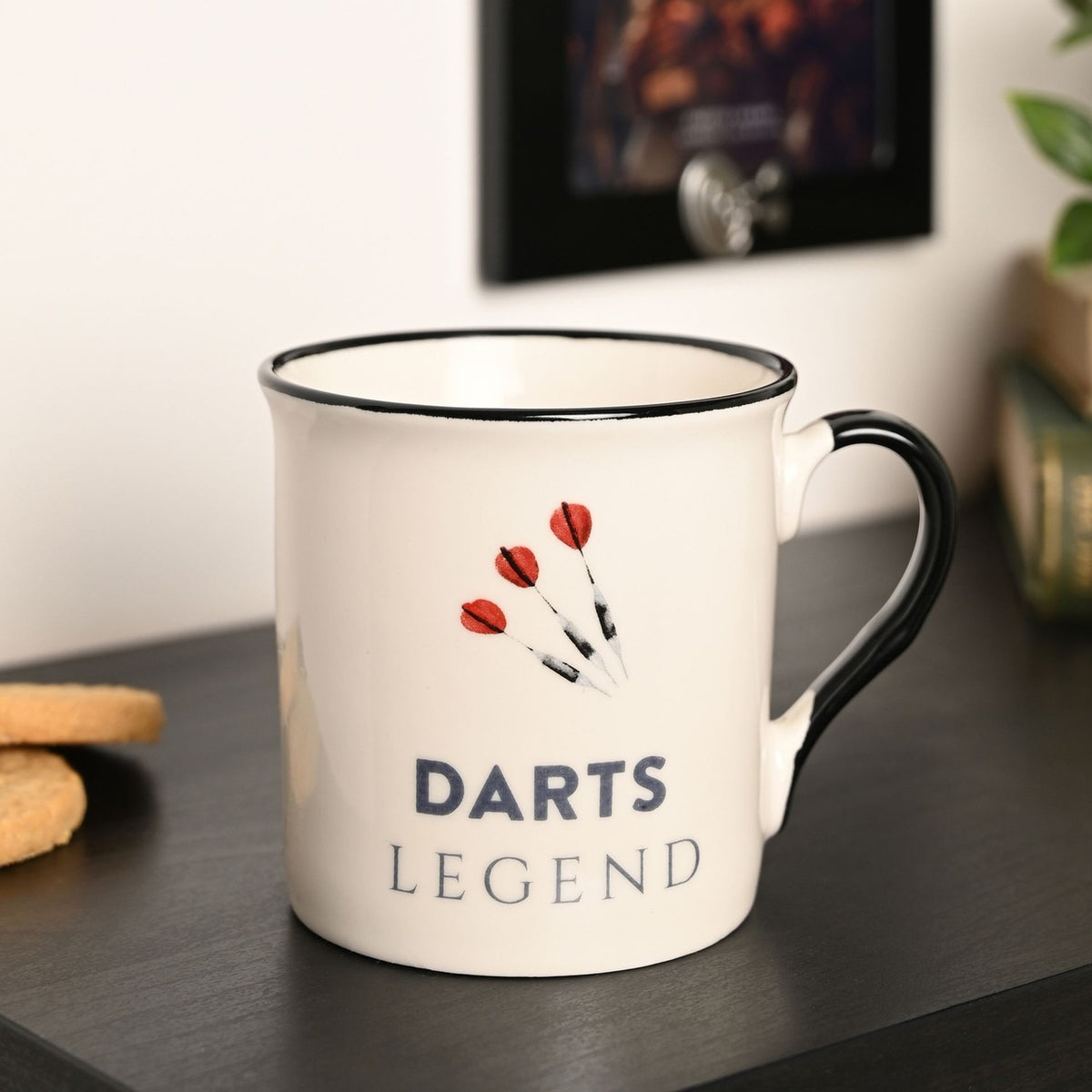 Darts Legend Porcelain Mug with Black Rim and Handle - White