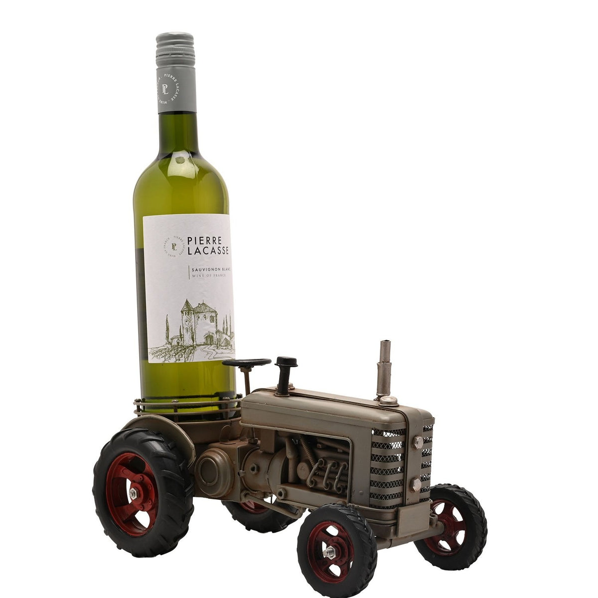 Tractor Metal Wine Bottle Holder with Red Wheel Hubs - Grey