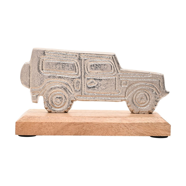 4X4 Vehicle Metal Figurine with Base in Silver & Natural: a flat silhouette side-profile off-road vehicle in textured silver metal, mounted on a natural wood base, shown on a white background.
